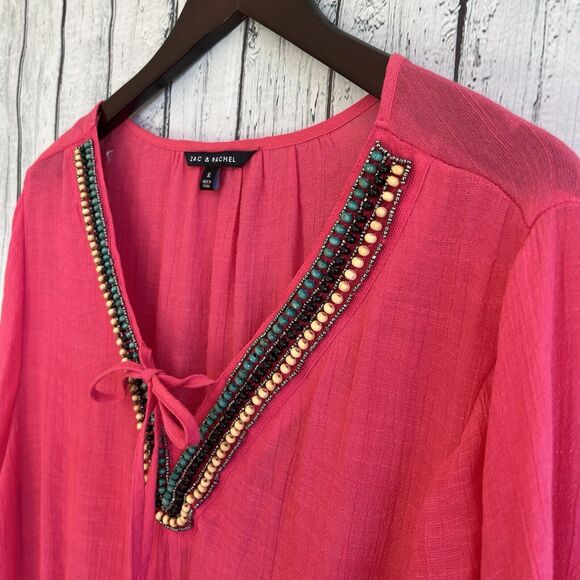 Zac & Rachel Womens Hot Pink Boho Peasant Top Size XL Beaded Smocked Puff Sleeve - Picture 5 of 14
